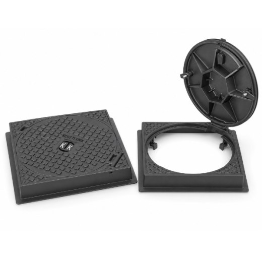 Döküm Kare Çerçeveli Yuvarlak Rögar Kapağı Takımı Ø600 mm (kare çerçeve) B125 (DKT-600-B4) - Döküm Rögar Kapakları