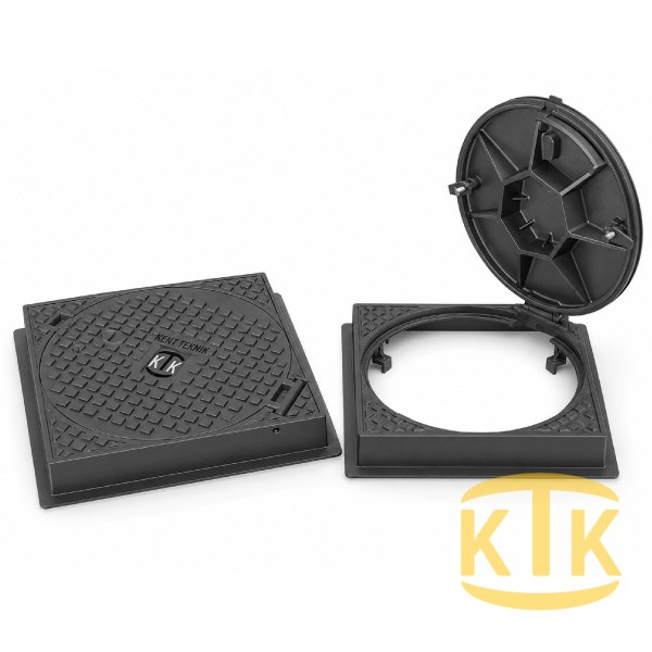 Döküm Kare Çerçeveli Yuvarlak Rögar Kapağı Takımı Ø600 mm (kare çerçeve) B125 (DKT-600-B4) - Döküm Rögar Kapakları