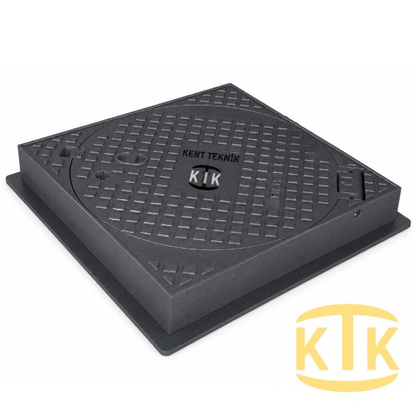 Döküm Kare Çerçeveli Yuvarlak Rögar Kapağı Takımı Ø600 mm (kare çerçeve) C250 (DKT-600-C5) - Döküm Rögar Kapakları